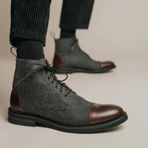 TAFT The Jack Cap Toe Boot In Grey Oxblood Wool Leather Men's Size 12 EU 45